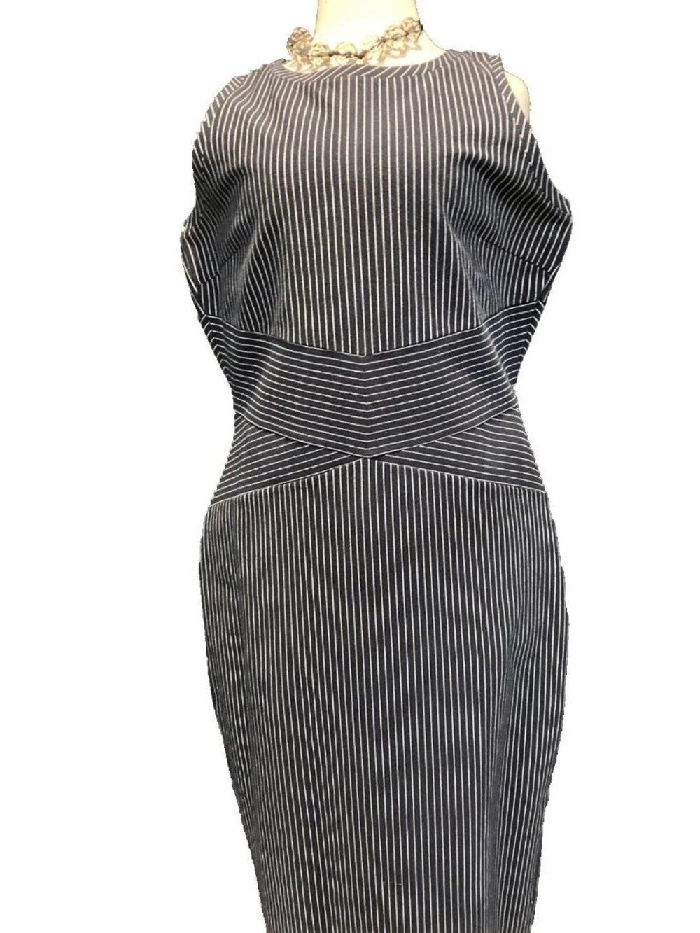 Michael Kors Navy Blue Pinstripe Sleeveless Midi Dress Size 14